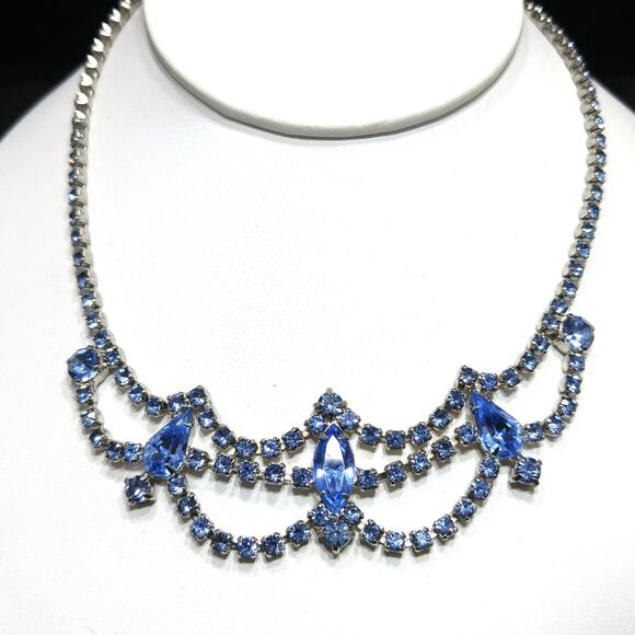 Vintage La Rel Blue Rhinestone Necklace 1950s Prong Set Bridal Prom Jewelry - Picture 3 of 10